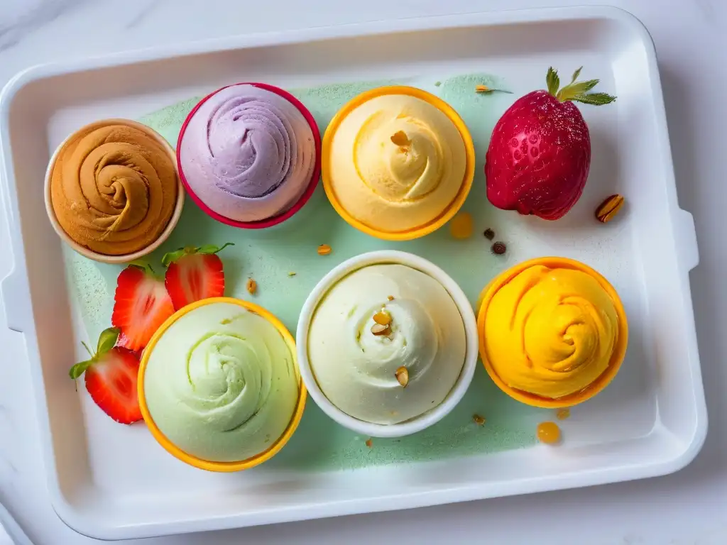 Deliciosa variedad de helados caseros en colores vibrantes con frutas frescas y nueces, ideal para recetas helados caseros divertidos