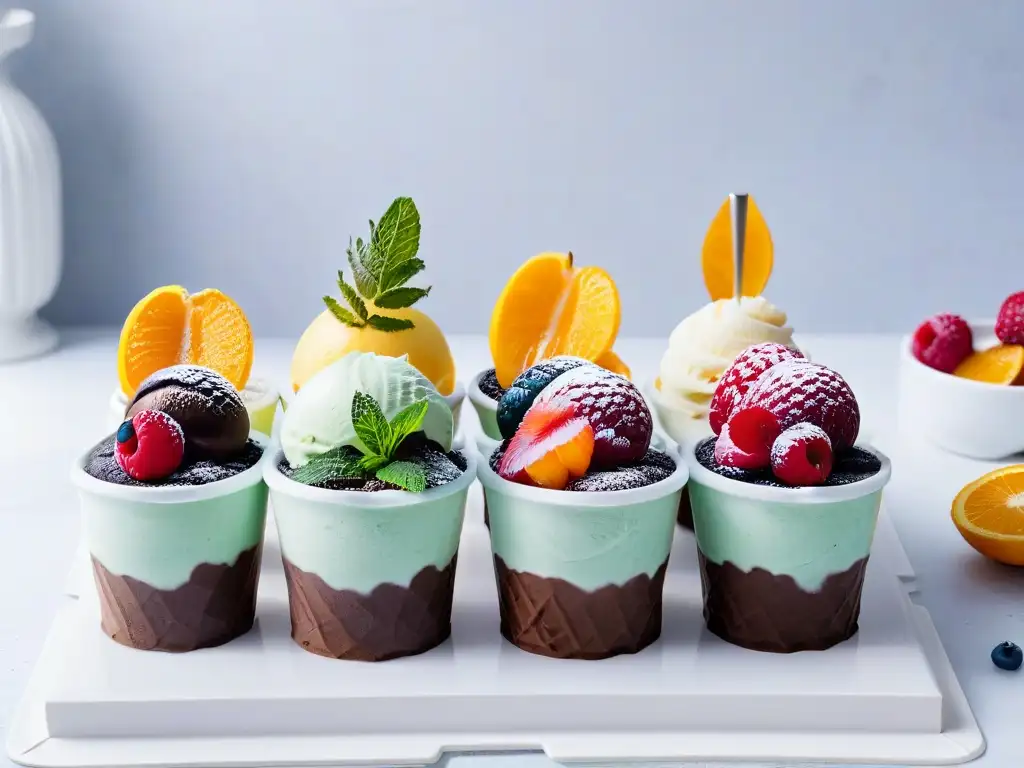 Una deliciosa variedad de helados veganos caseros en elegantes recipientes de vidrio, decorados con frutas y hojas de menta