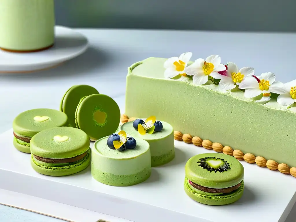 Una deliciosa variedad de postres saludables de matcha en una cocina moderna y elegante