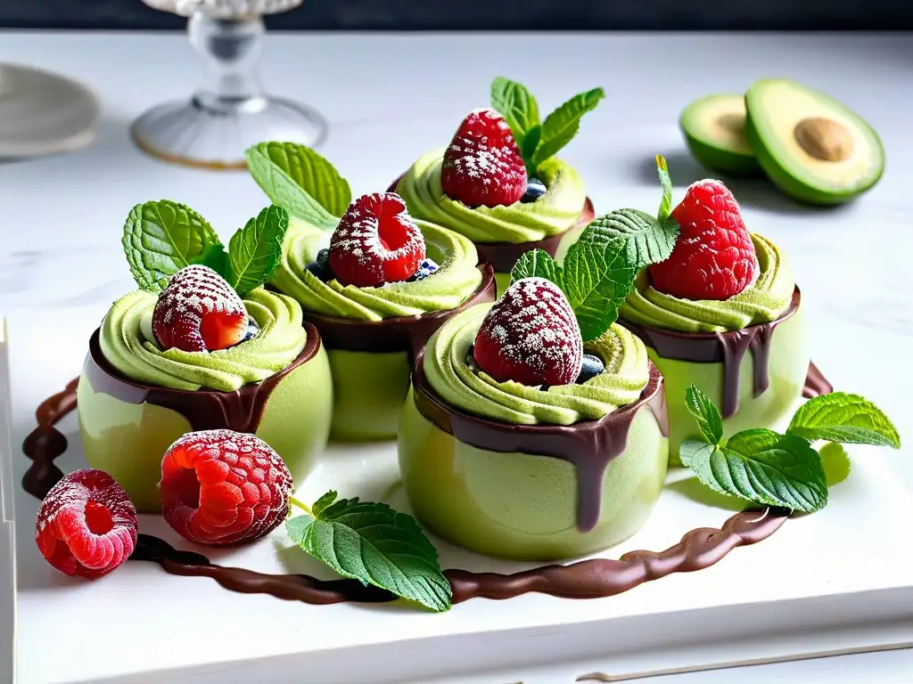 Deliciosa mousse vegana de aguacate con chocolate, frambuesas y menta en copas