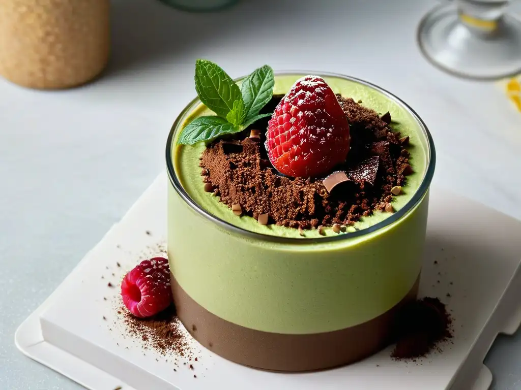 Deliciosa mousse vegana de aguacate con chocolate en copa elegante sobre mármol