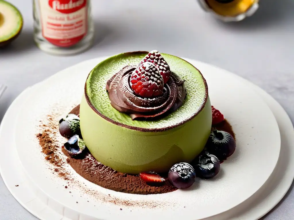 Deliciosa mousse vegana de aguacate con chocolate y frambuesas, presentada con elegancia en copa