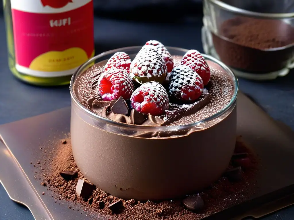 Deliciosa mousse vegana de chocolate y aguacate con frambuesas frescas y cacao en copa moderna