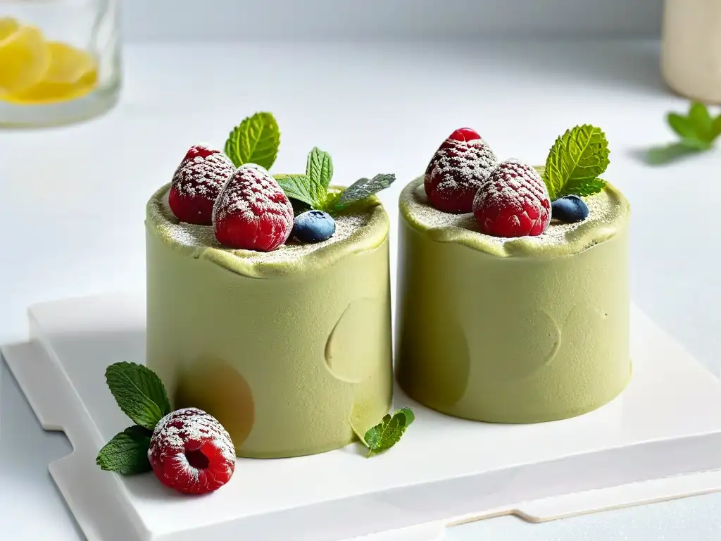 Deliciosa mousse vegana de chocolate con aguacate, frambuesas y menta en copa de postre sobre mármol blanco