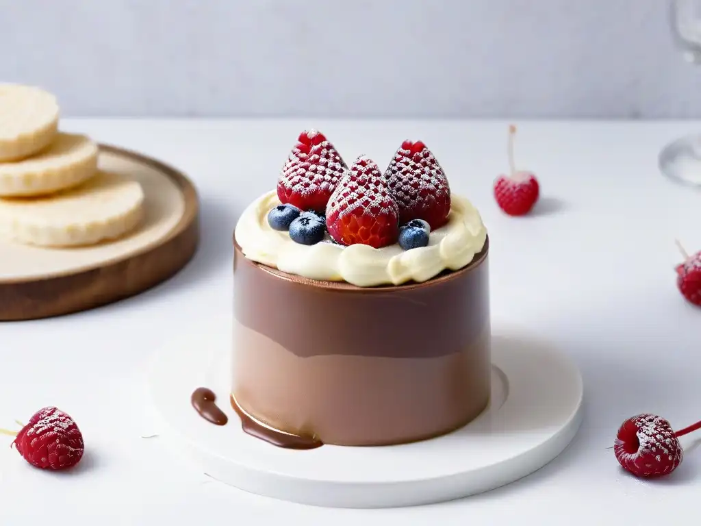 Deliciosa mousse vegana de chocolate con frambuesas en copa moderna, destacando la textura y colores, ideal con leche vegetal para postres veganos