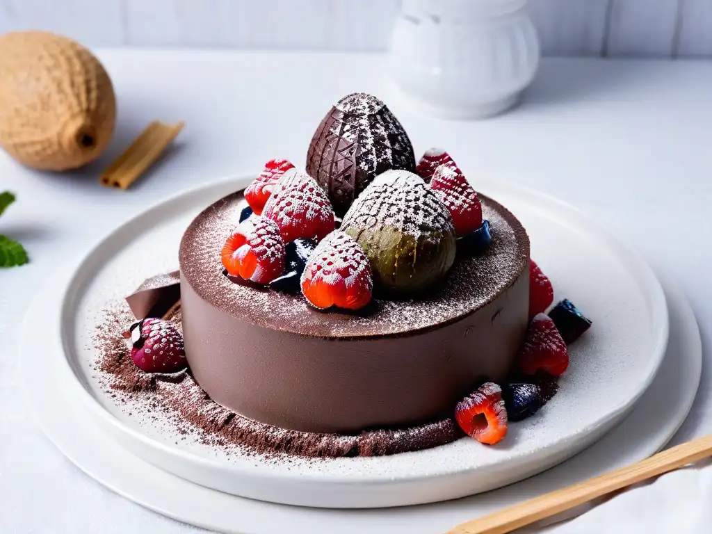 Mousse vegano de chocolate oscuro con aguacate y frambuesas Deliciosa mousse vegana de chocolate oscuro con aguacate, frambuesas y menta en plato blanco