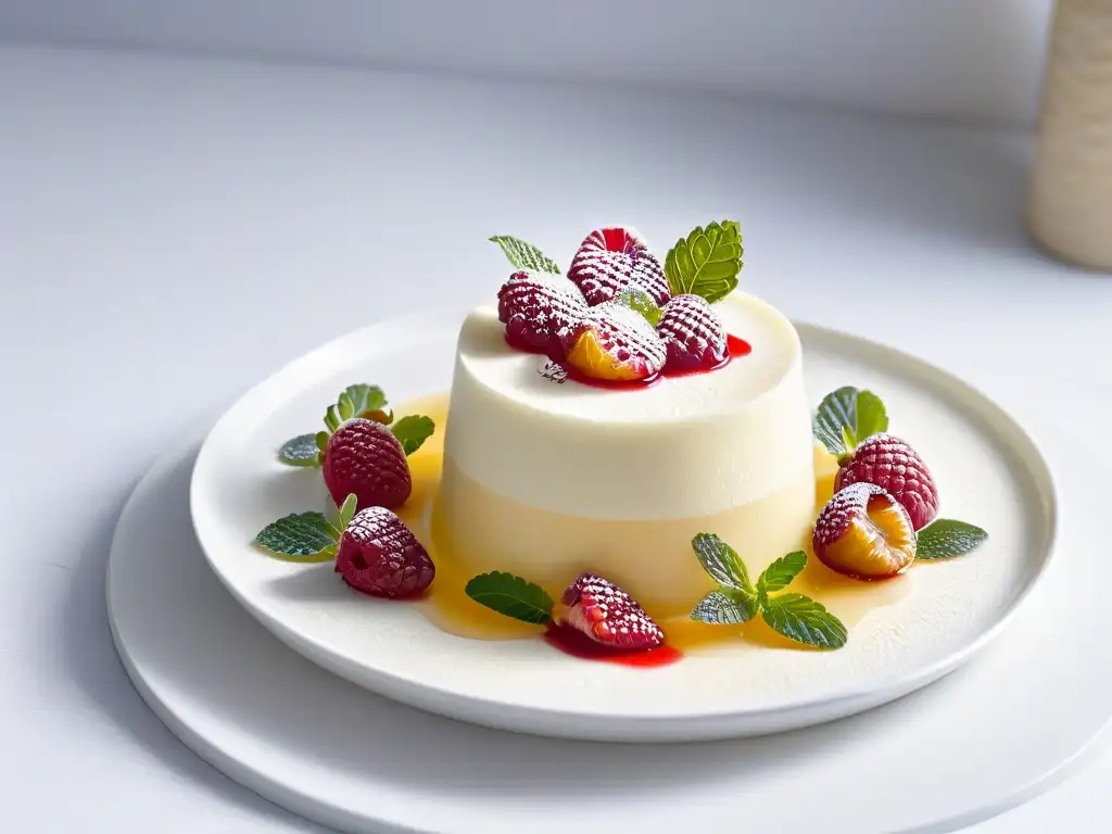 Panna Cotta vegana: textura cremosa y elegante presentación Deliciosa panna cotta vegana con agar agar, decorada con coulis de frambuesa y hojas de menta en un plato blanco