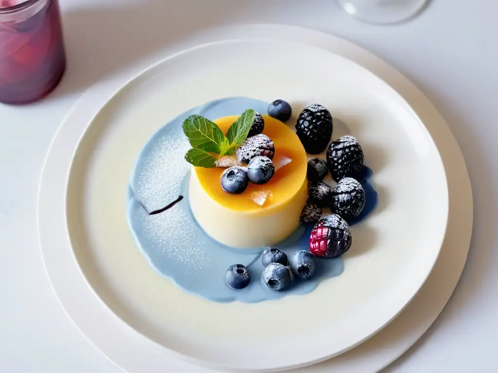 Deliciosa panna cotta vegana de mango y coco decorada con frutos rojos, menta y sirope de agave