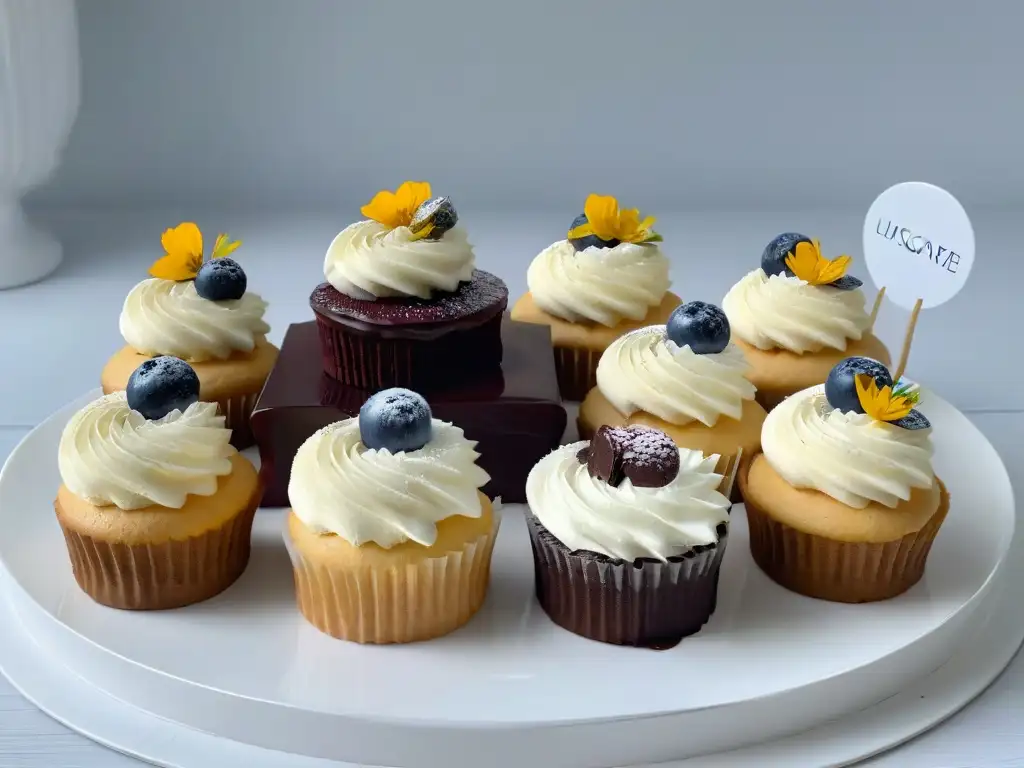 Delicias sin lácteos: postres exquisitos con flores comestibles y chocolate Deliciosas alternativas lácteas dulces sin lactosa: cupcakes, galletas y chocolates, adornados con flores comestibles y chocolate