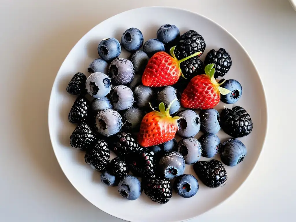 Deliciosas alternativas saludables antojos dulces: una variedad vibrante de bayas frescas y jugosas sobre un plato blanco moderno