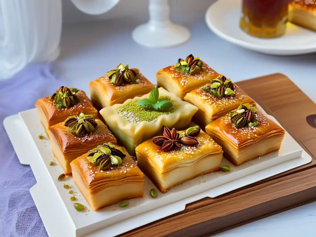 Deliciosas baklavas doradas con miel y pistachos sobre platos turcos, reflejando la artesanía de la repostería turca en Estambul