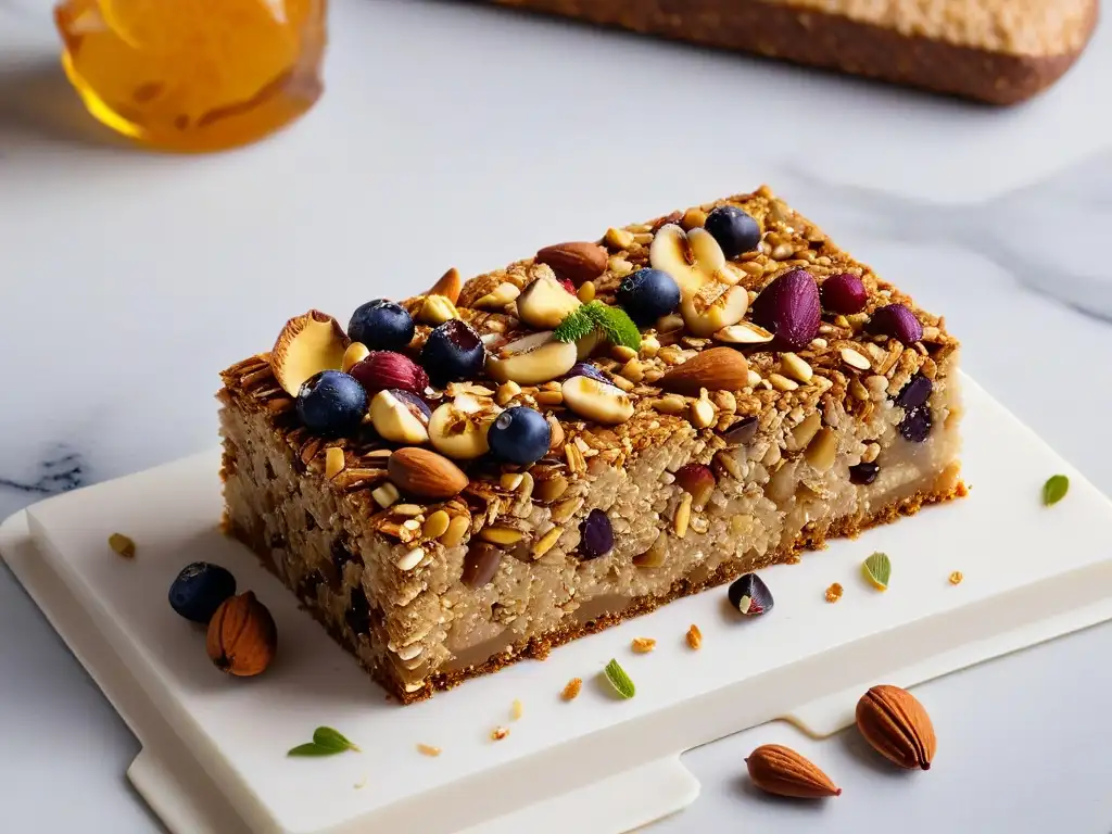 Deliciosas barritas energéticas caseras perfectamente cortadas, con nueces, semillas y frutas secas sobre elegante encimera de mármol