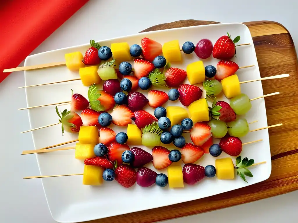 Deliciosas brochetas de frutas frescas: fresas, arándanos, piña y uvas, listas para saborear