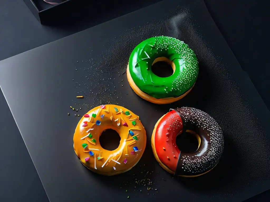 Deliciosos donuts arcoíris: una explosión de color y sabor Deliciosas donas arcoíris recién horneadas sobre superficie negra mate