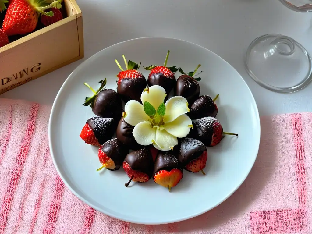 Deliciosas fresas sumergidas en chocolate oscuro en un plato blanco, perfectas para meriendas keto energéticas dulces saludables