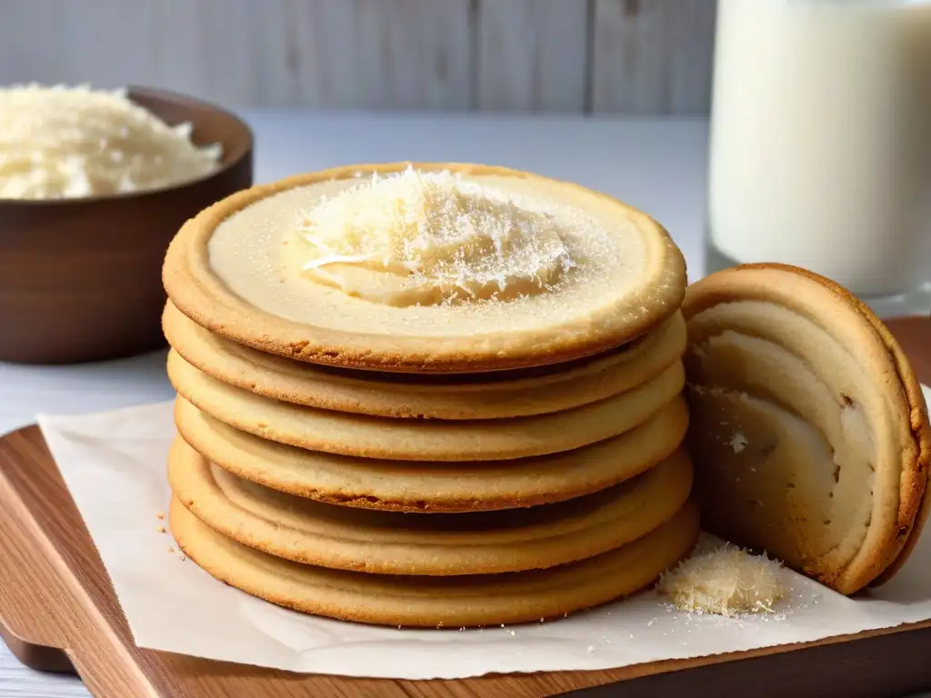 Deliciosas galletas de azúcar de coco recién horneadas en una tabla rústica de madera, resaltando los beneficios del azúcar de coco