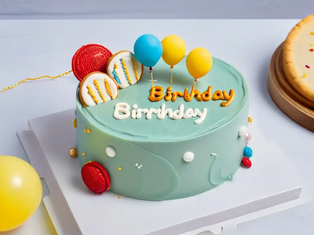 Deliciosas galletas decoradas de cumpleaños en mesa de mármol, con diseños festivos y coloridos