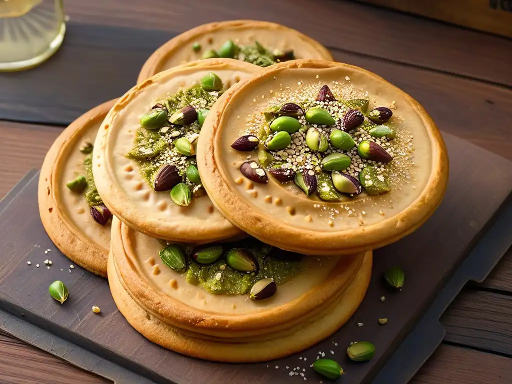 Deliciosas galletas Barazek recién horneadas con pistachos y sésamo, doradas y crujientes en una mesa de madera rústica