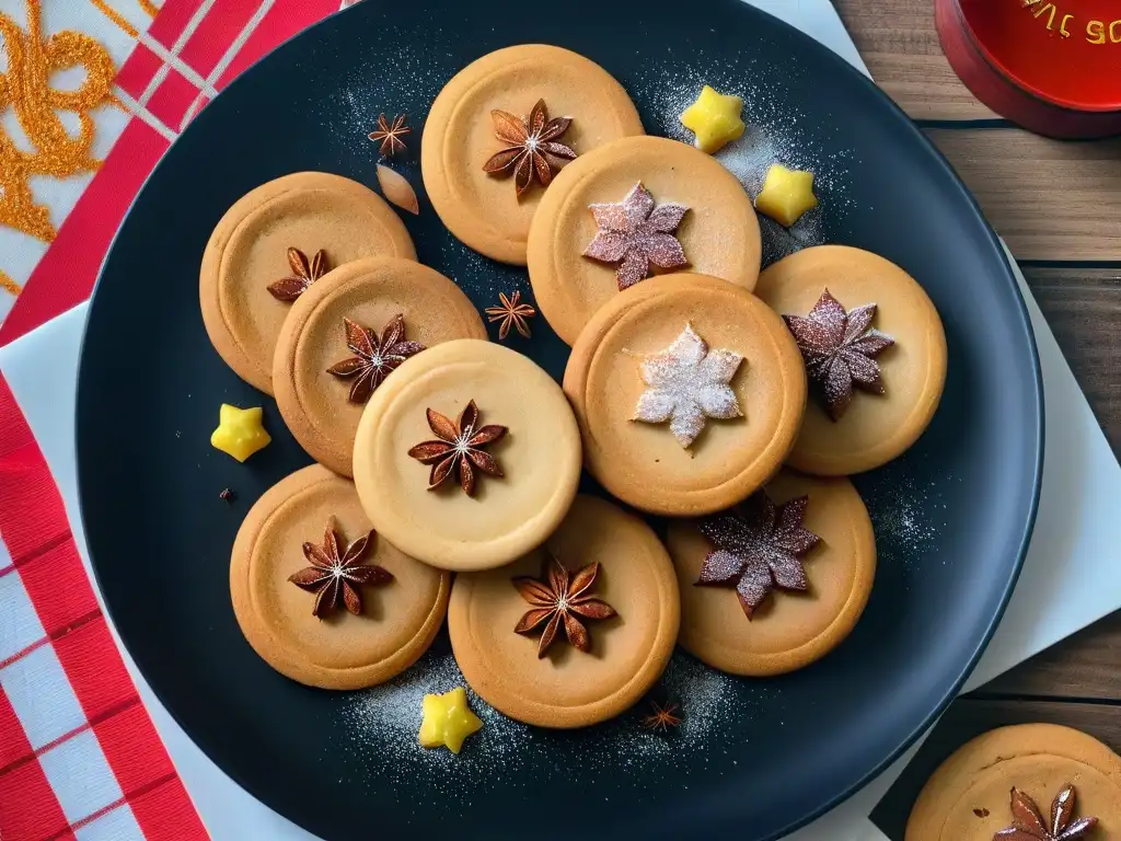 Deliciosas galletas de mantequilla especiadas navideñas en un plato negro, recién horneadas y decoradas con canela y nuez moscada