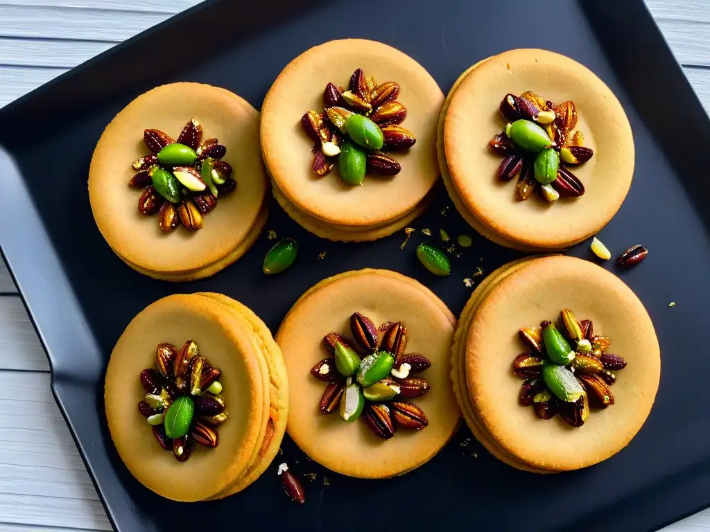 Deliciosas galletas Barazek con pistachos y sésamo, recién horneadas en un elegante plato negro