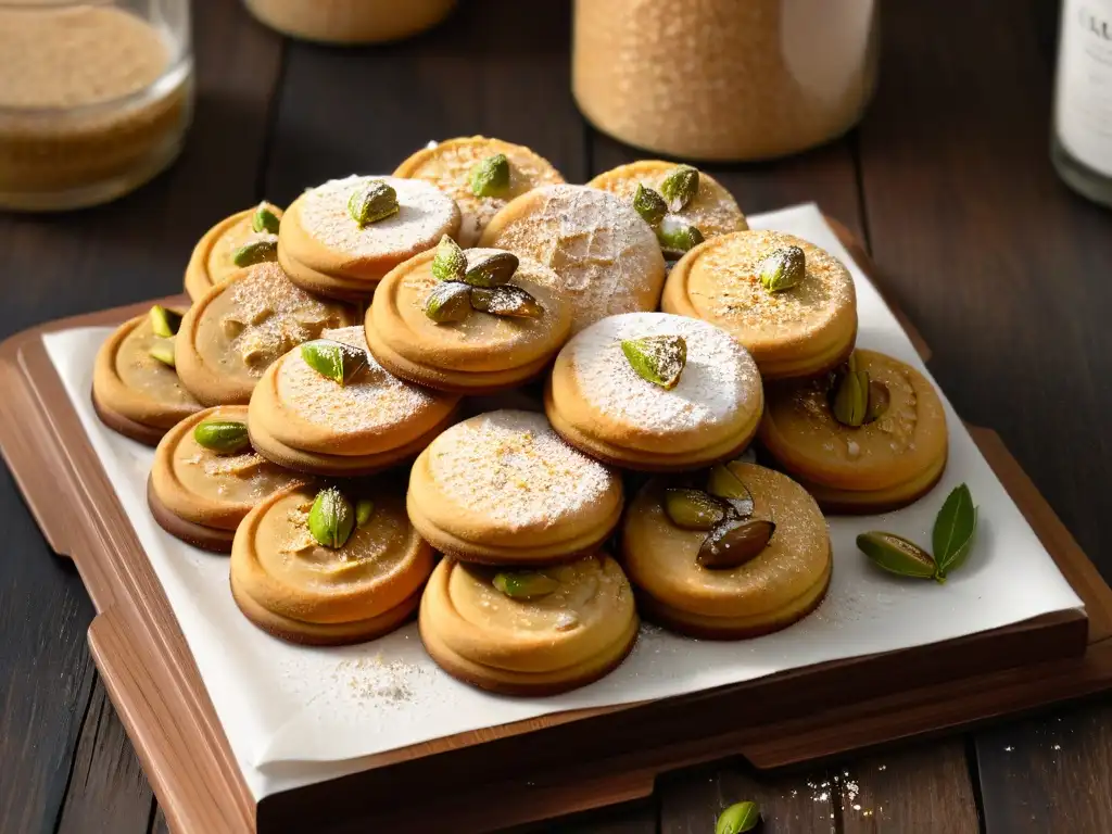 Deliciosas galletas Barazek con pistachos y sésamo en bandeja rústica