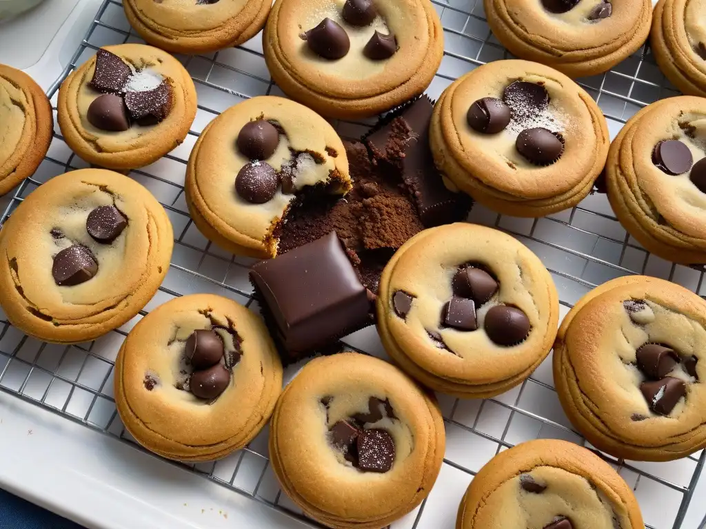 Deliciosas galletas veganas recetas fáciles, recién horneadas con trozos de chocolate y sal marina, sobre una elegante encimera de mármol