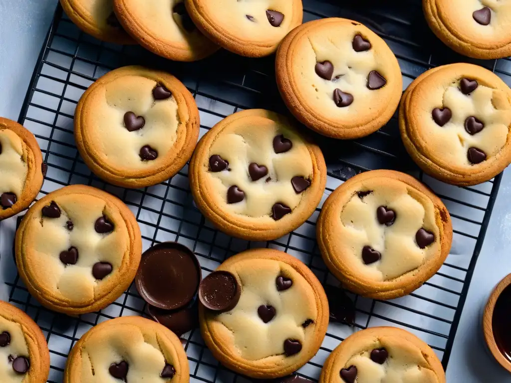 Deliciosas galletas veganas recetas fáciles en cooling rack, doradas con crujientes chispas de chocolate