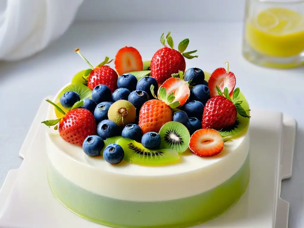 Deliciosas recetas gelatinas naturales sin gluten en elegante presentación de frutas frescas y colores vibrantes en plato de mármol blanco
