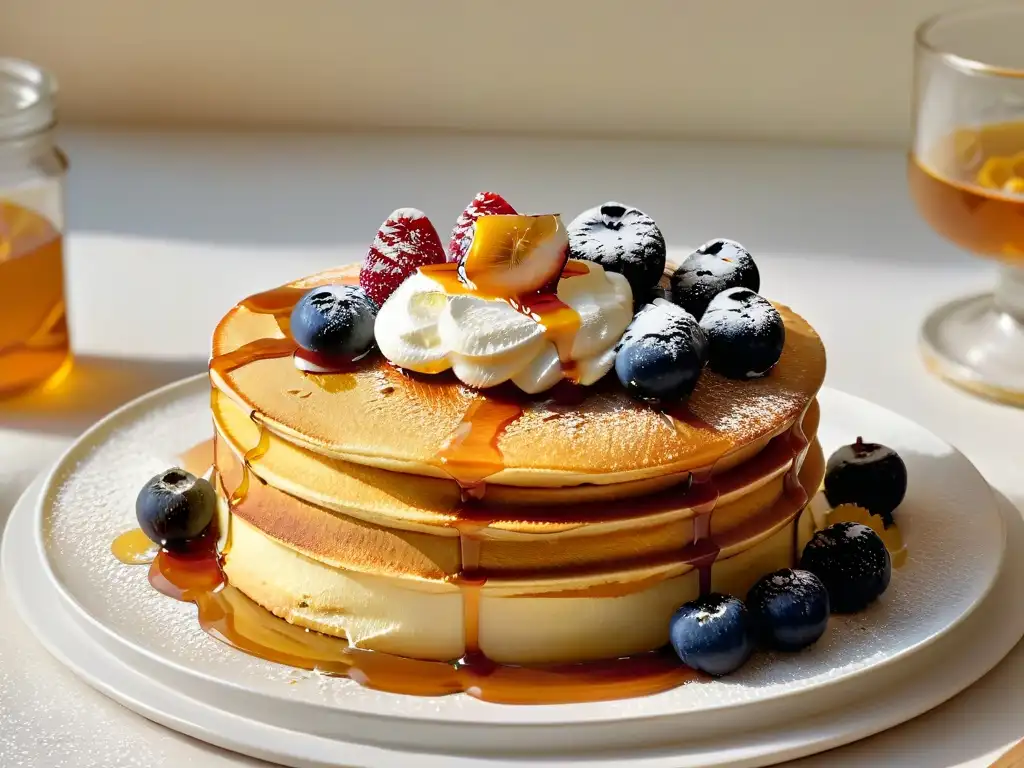 Deliciosas recetas con miel de abeja: pancakes dorados cubiertos con miel, frutas y crema batida