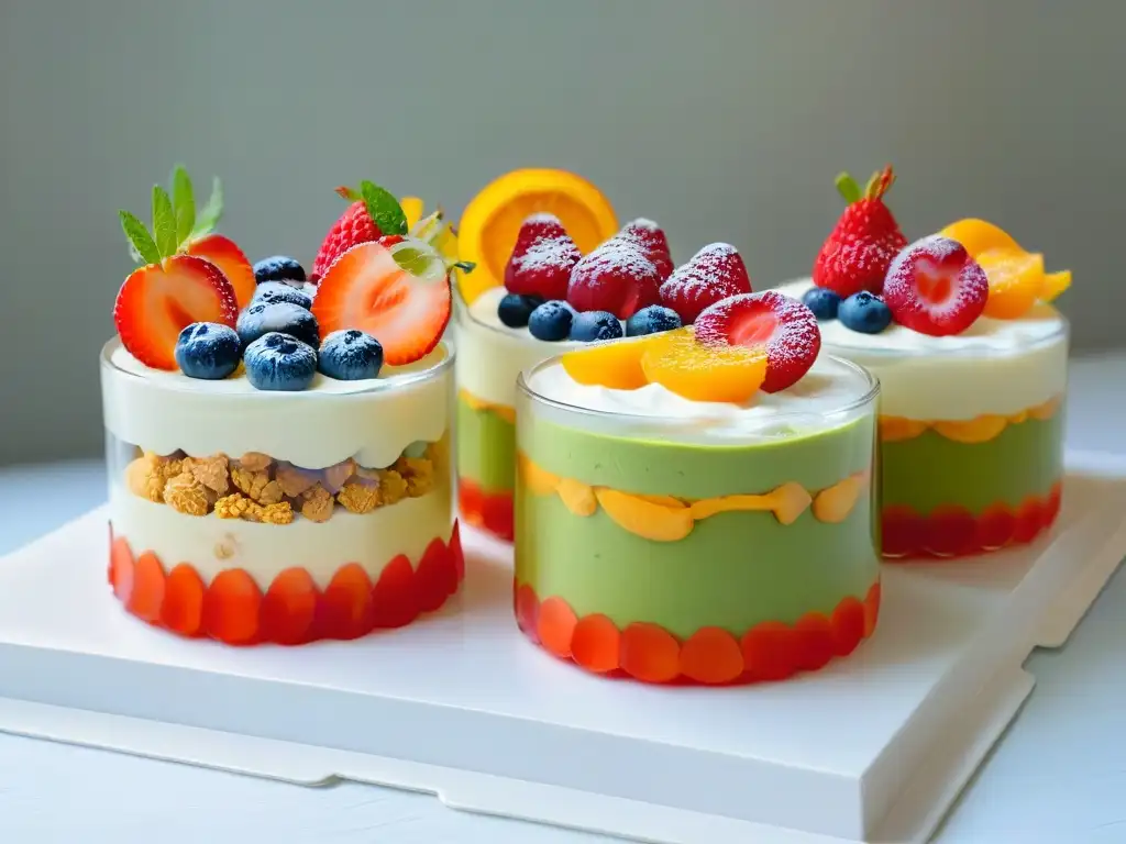 Delicias de postres en copas de cristal en una cocina moderna Deliciosas recetas de postres en vasitos en una cocina moderna y elegante