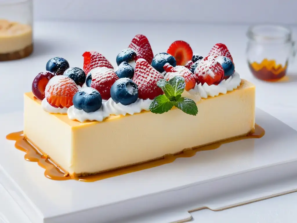 Deliciosas recetas cheesecakes keto queso en un elegante y minimalista mostrador de mármol, adornadas con frutas y salsa de caramelo sin azúcar