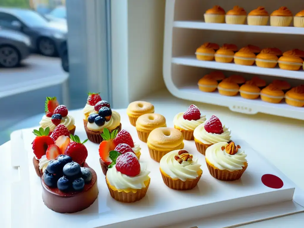 Delicias saludables: repostería sin azúcar en cocina elegante Deliciosas recetas de repostería para diabéticos en un mostrador blanco impecable con pastelería colorida y saludablemente decorada