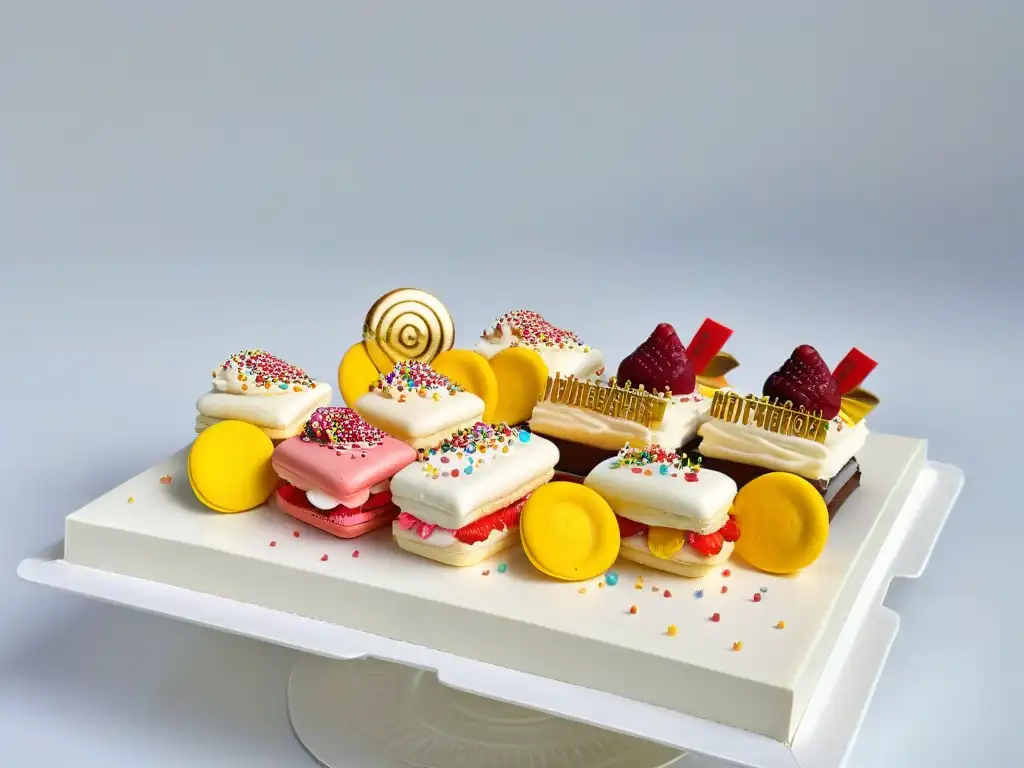 Deliciosas y coloridas golosinas para niños: pastelería creativa Deliciosas recetas de repostería infantil divertidas en una variedad de pasteles y dulces coloridos y caprichosos en una bandeja blanca moderna