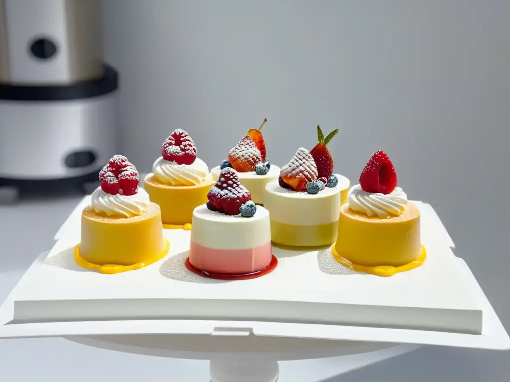 Deliciosas recetas de repostería inspiradas en cócteles, presentadas en elegantes platos blancos en una cocina moderna y sofisticada