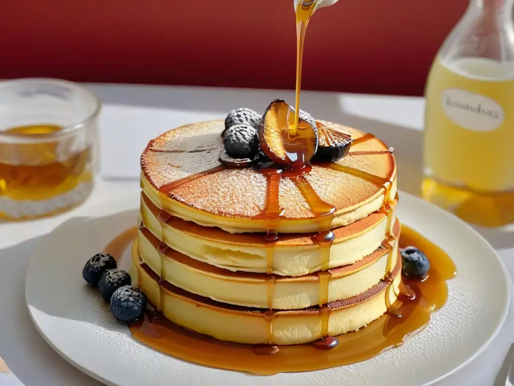 Deliciosas recetas con sirope de dátil: sirope dorado goteando sobre esponjosas pancakes con dátiles