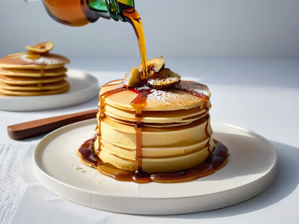 Deliciosas recetas con sirope de dátil: pancakes bañados en oro líquido sobre plato blanco