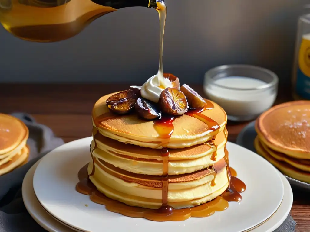 Deliciosas recetas con sirope de dátil: un río dorado bañando pancakes esponjosos con crema y dátiles