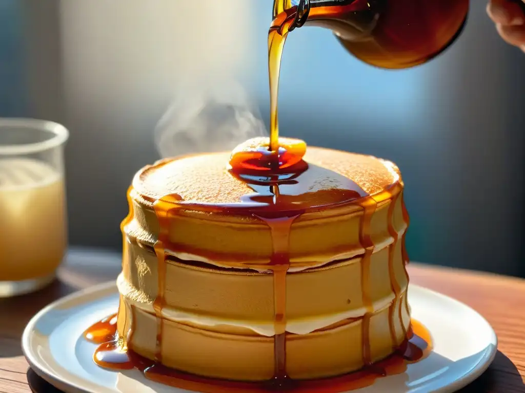 Deliciosas recetas con sirope de yacón: sirope dorado sobre pancakes esponjosos, un momento de indulgencia y dulzura