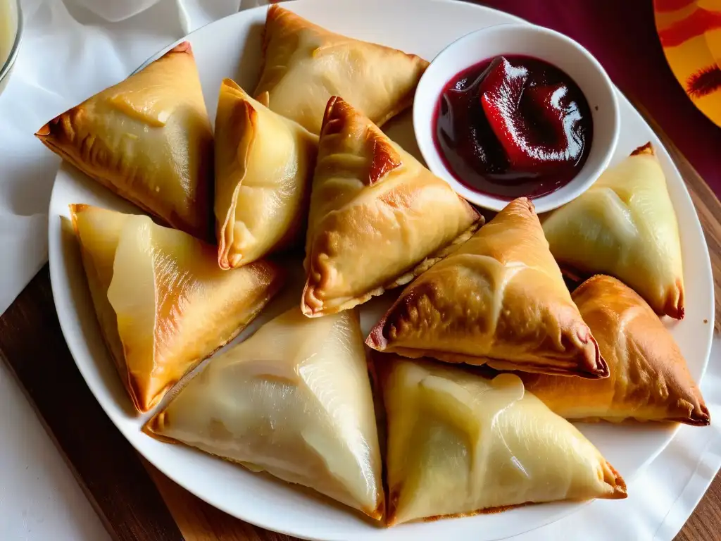 Deliciosas samosas dulces receta fácil, recién horneadas con crujiente masa dorada y relleno de frutas especiadas