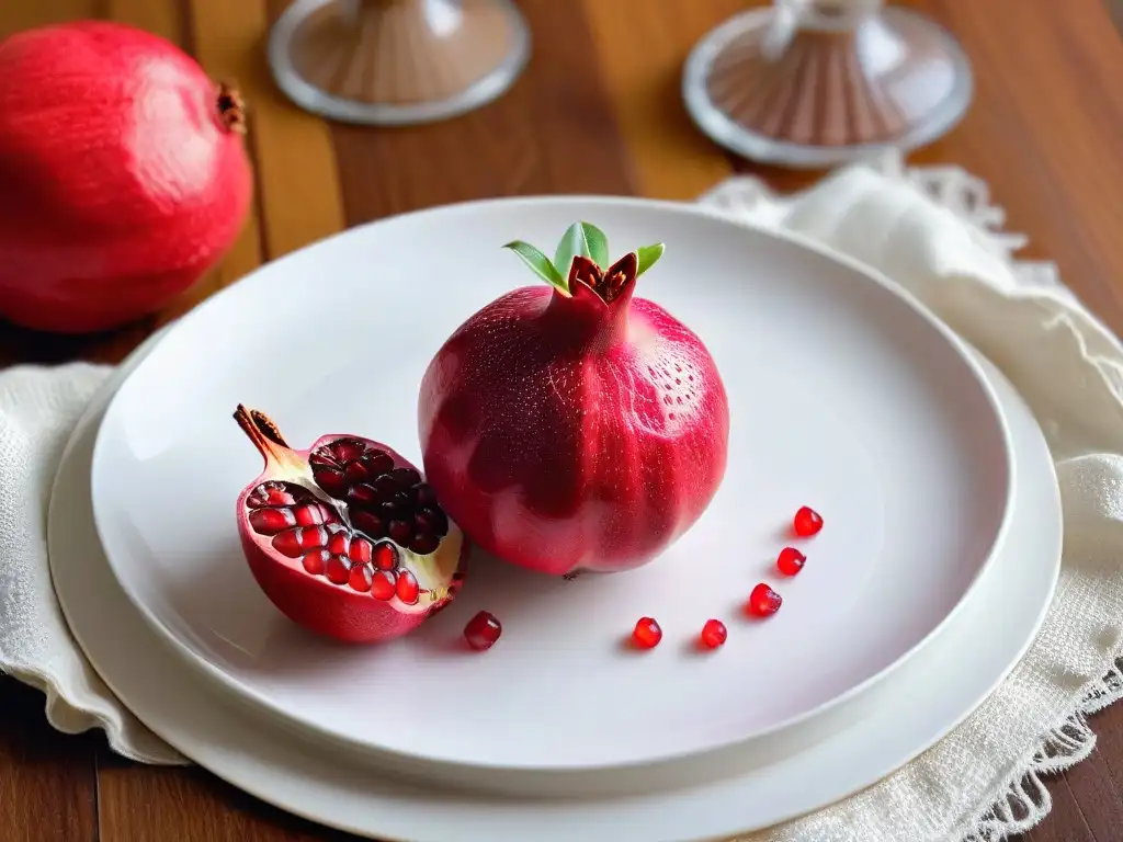 Deliciosas semillas de granada jugosas y frescas en un elegante plato blanco