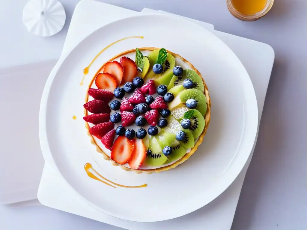 Deliciosas tartas de frutas coloridas y saludables en mármol blanco