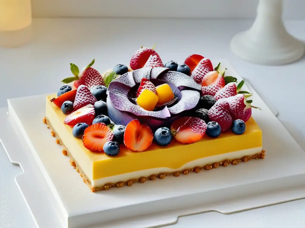 Deliciosas tartas sin horno: coloridas, decoradas con frutas y flores, presentadas en plato blanco sobre fondo suave