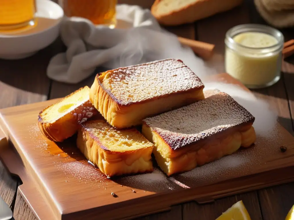 Deliciosas torrijas doradas, bañadas en miel y canela, sobre una mesa rústica