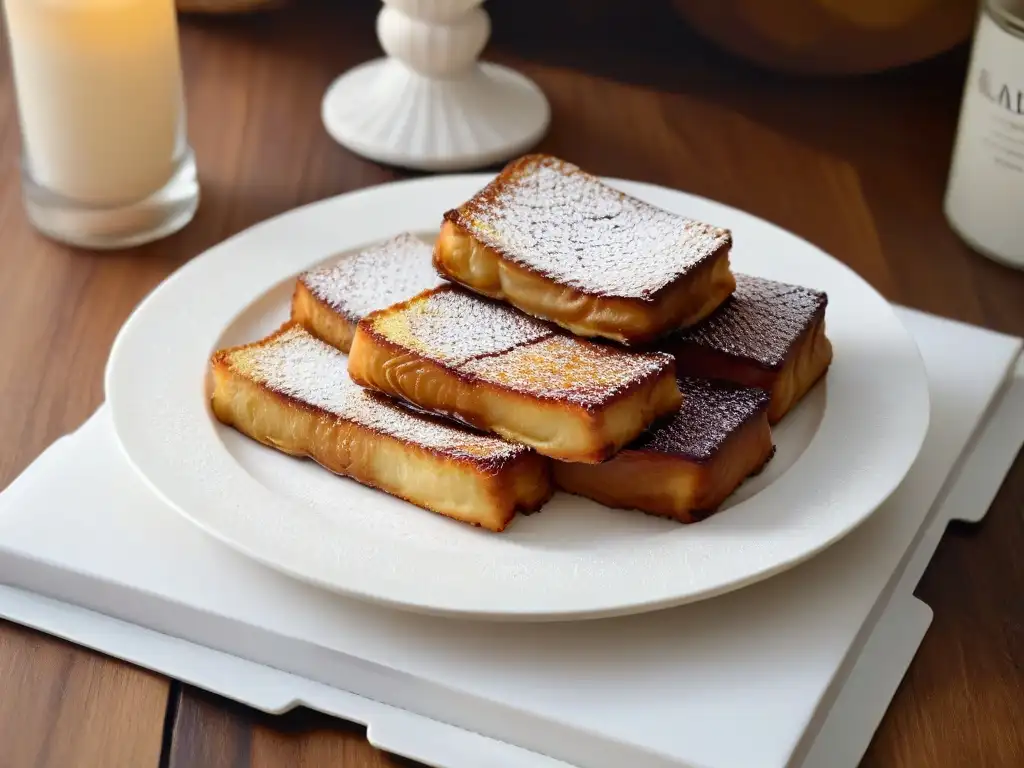 Deliciosas torrijas doradas con canela en plato blanco sobre mesa rústica