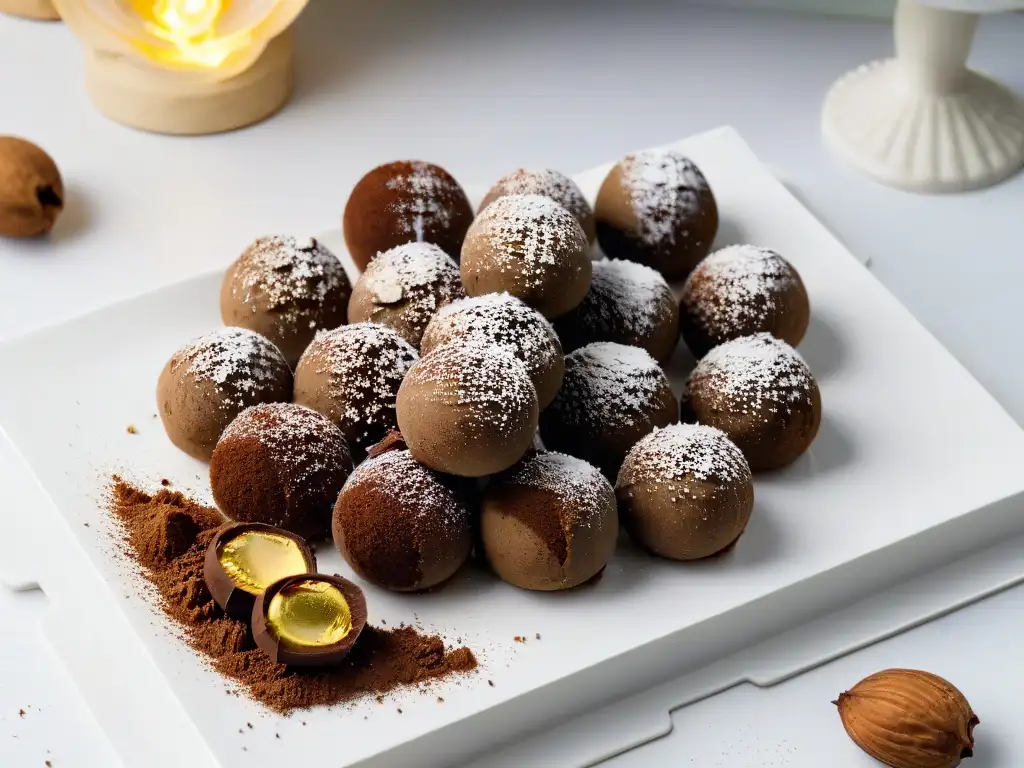Deliciosas trufas de chocolate con toppings elegantes en plato blanco minimalista