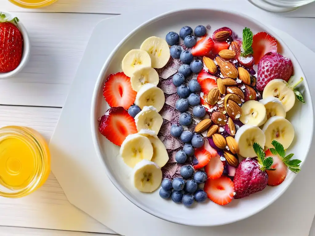 Delicioso açaí bowl con superfoods: fresas, arándanos, plátano, chía, almendras y coco