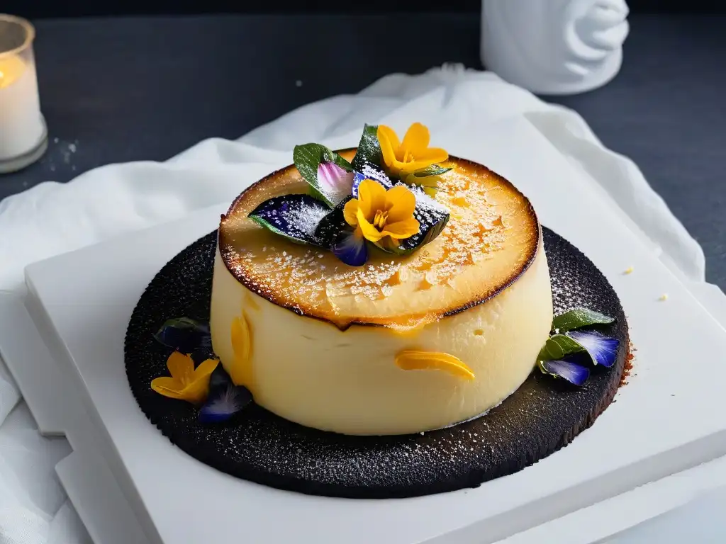 Delicioso Bibingka Africana con coco, miel y flores comestibles en elegante plato blanco sobre fondo negro