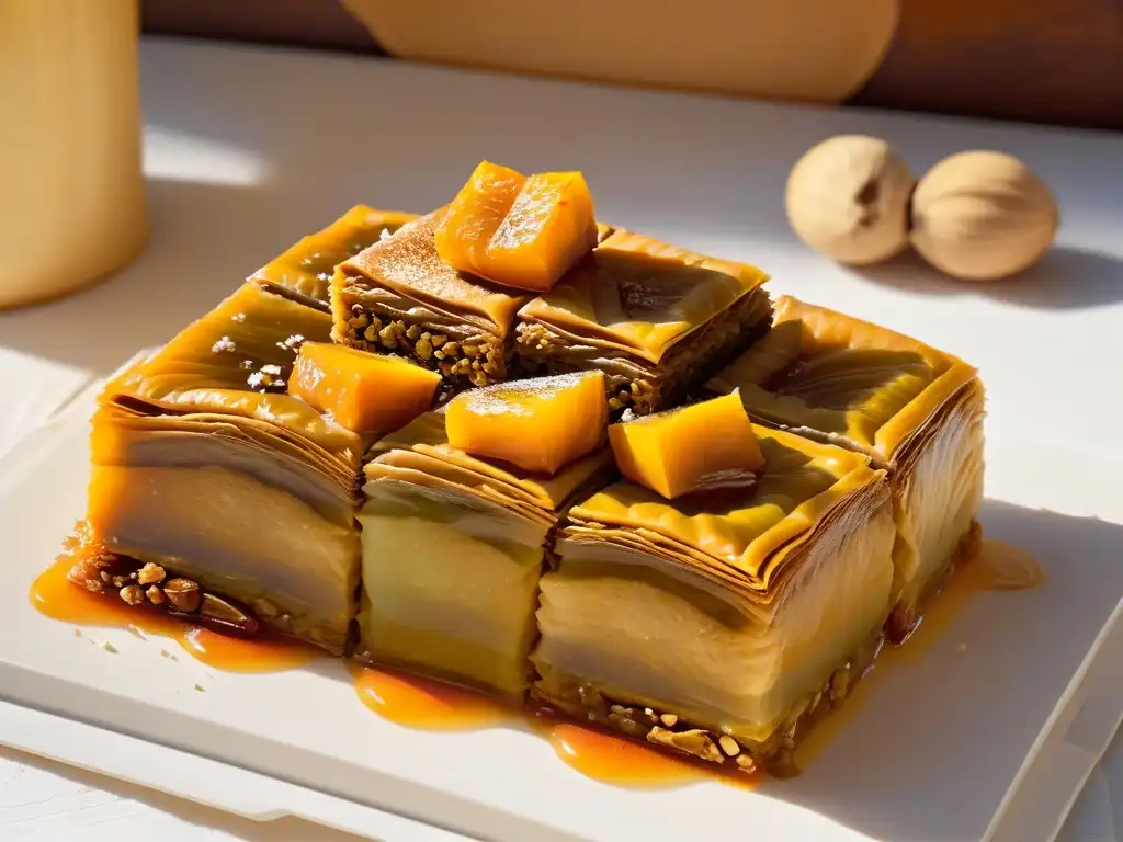 Un delicioso Baklava africano fácil de hacer, con capas de hojaldre, frutos secos y jarabe de miel, resaltando texturas y colores