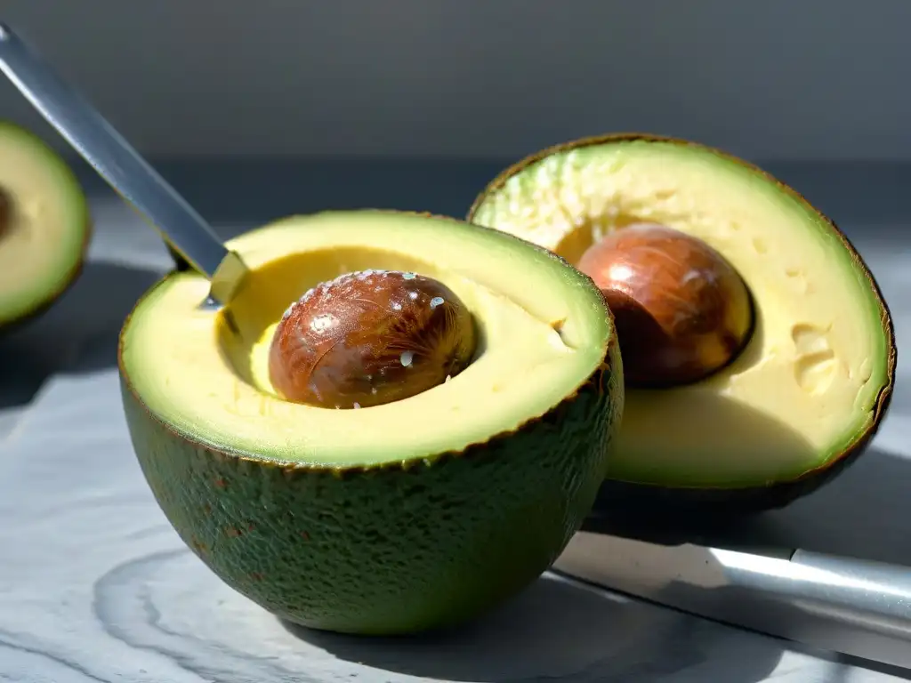 Delicioso aguacate maduro siendo cortado en mitades, mostrando su textura cremosa y color verde vibrante