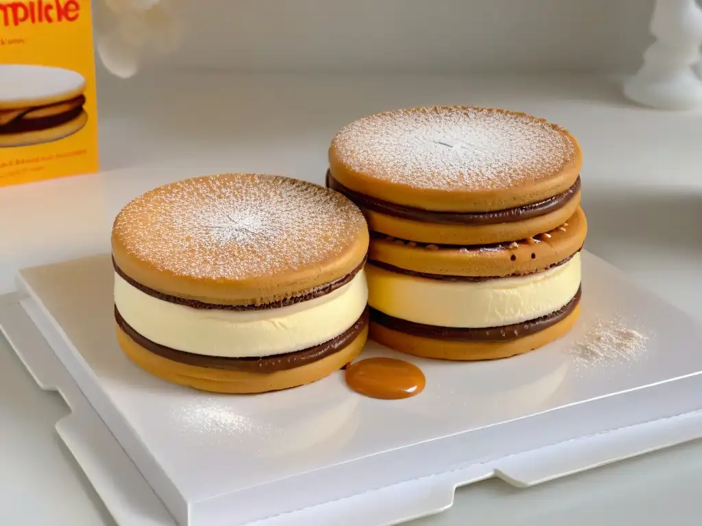 Delicioso alfajor con capas de dulce de leche y arequipe, espolvoreado con azúcar en polvo en un plato blanco moderno